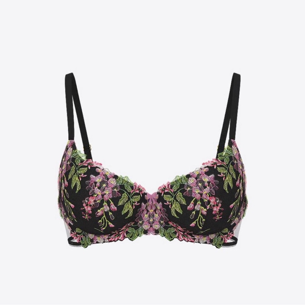 Victoria's Secret Black Bra with Pink and Green Floral Embroidery